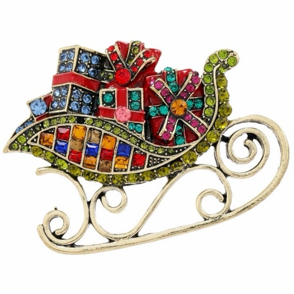 Large Santa Sleigh Brooch Rhinestone Santa Sleigh Pin Christmas Brooch - Picture 10 of 10